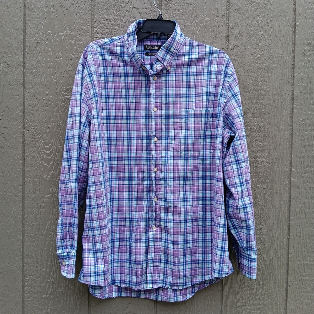 LAUREN RALPH LAUREN XL 17 1/2 34/35 Purple/Blue Plaid Button Down Men's Shirt